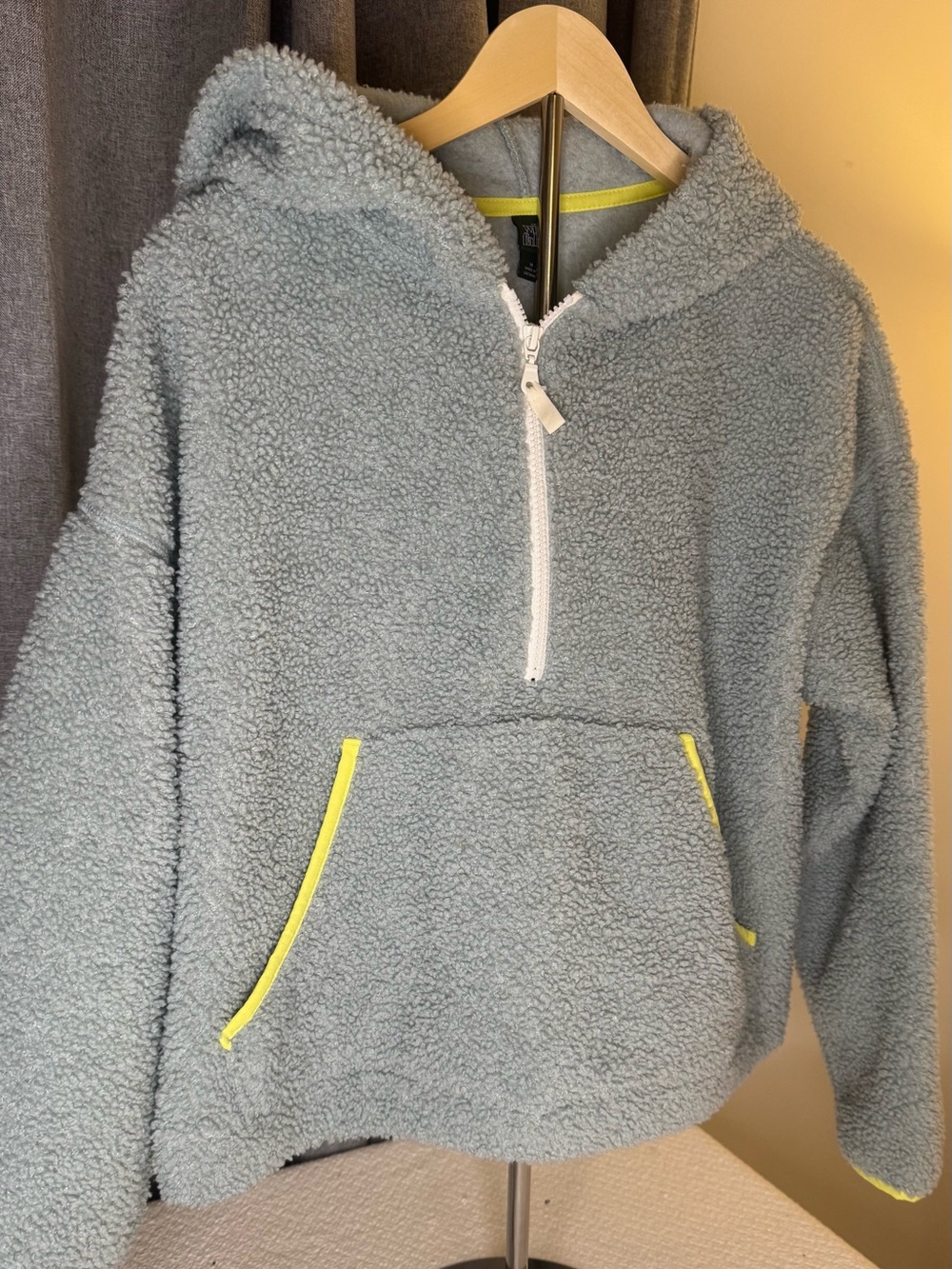 wild fable Gray Sherpa Half-Zip Hoodie with Neon Yellow Trim